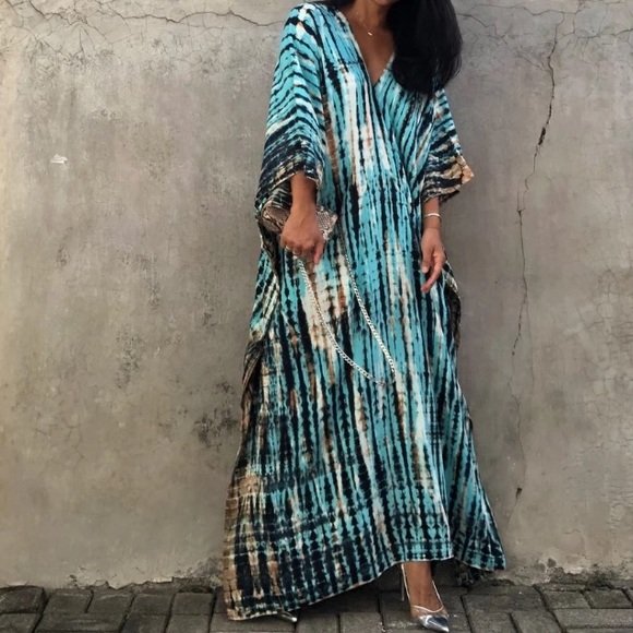 Blue Boho Tie Dye Kaftan Kimono Dress - Picture 3 of 8